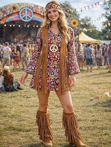  Set Rétro Vintage Années 1970 Robe accessoire Accessoires Manches longues Hippie Disco Frange Fleuri Paisley Déguisement Femmes Halloween Carnaval Festival de Musique Soirée à thème rétro Adulte Robe