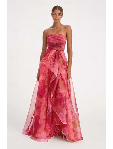  A-Linie Bodenlang Abiballkleider Promi-Stil Blumen Ärmellos Ein-Schulter Abschlussball Gartenparty Organza mit Gerafft Rüschen Schlitz