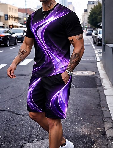  בגדי ריקוד גברים גאומטרי קו 2 יחידות ערכות טיז צמרות קיץ שרוולים קצרים מכנסיים קצרים צווארון עגול קצר ספורט יום יומי יומי חופשה ליציאה הדפסת תלת מימד קיץ פול שחור סגול