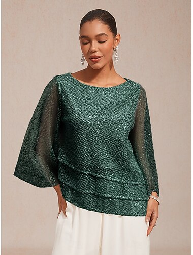  Dames Kanten topjes Pailletten Illusie Effen Kleur Elegant Stijlvol 3/4 mouw Bel Strakke ronde hals Lange tops Dagelijks Bruiloft gast Vakantiekleding Jager Groen Zomer Lente Herfst