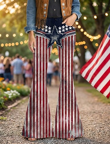  250-årsjubileum USA Retro / vintage 70-talet Byxa Bell Bottom byxor Hippie Disk Hög midja Sicksack Maskeradkläder Dam Maskerad 4 juli Fest Självständighetsdagen Vuxna Byxor