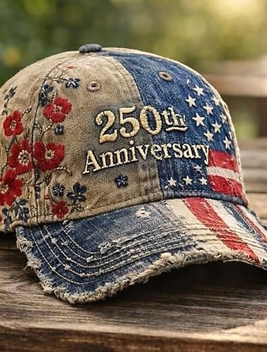  Vintage-Baseballkappe zum 250. Jahrestag der USA, amerikanische Flagge, patriotische Stickerei, Used-Look-Denim, verstellbar, Geschenk zum Unabhängigkeitstag (4. Juli) für Männer und Frauen