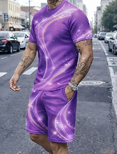  בגדי ריקוד גברים גאומטרי קו 2 יחידות ערכות טיז צמרות קיץ שרוולים קצרים מכנסיים קצרים צווארון עגול קצר ספורט יום יומי חופשה ספּוֹרט ליציאה הדפסת תלת מימד קיץ פול שחור סגול