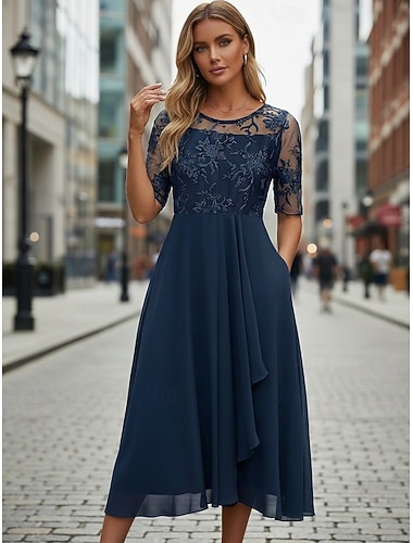  Damen Midikleid Spitzenkleid Cocktailkleid Kleid für Hochzeitsgäste Chiffonkleid Elegant Formell Party Hochzeit Normale Passform Halbarm Rundhalsausschnitt Rosa Wein Purpur Gold Sommer