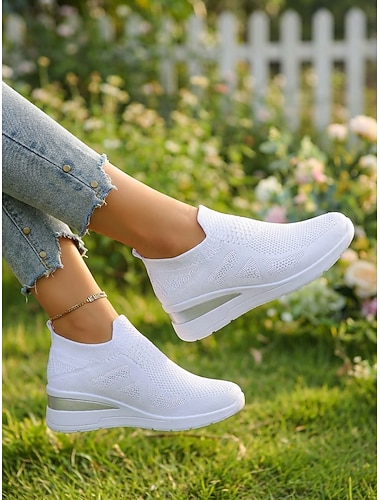  Sneakers slip-on da donna bianche con zeppa in maglia: scarpe casual leggere e traspiranti, ideali per attività all'aperto, passeggiate, viaggi e per tutti i giorni.