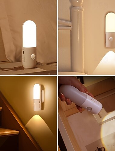  Smart bevegelsessensor multifunksjonell lommelykt &nattlys, USB-oppladbar, magnetisk klips-på, dimbar i 3 farger, justerbar lysstyrke, 180° roterbar LED-lampe for soverom, trapp, nattbord