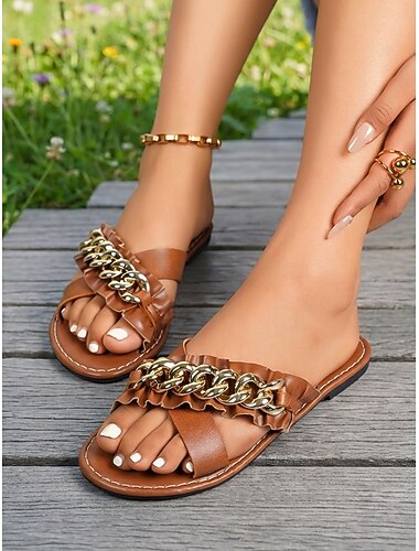  Bruine damessandalen met kettingdetails – stijlvolle platte sandalen met open neus en gouden kettingdetails, lichtgewicht casual zomerslippers voor strand, vakantie, reizen en dagelijks gebruik.