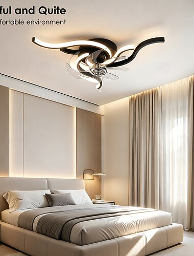  Moderne plafondventilator met verlichting, platte plafondventilator met afstandsbediening en app-bediening, 6 snelheden, omkeerbare bladen, traploos dimbare led-plafondventilator voor woonkamer,