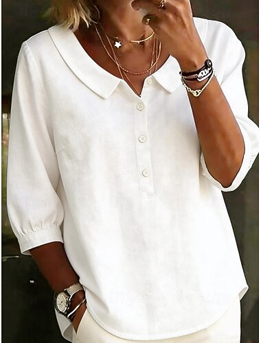 Dames Overhemd Katoenen linnen overhemden Pullover Effen Kleur Effen Elegant Vakantie Vintage 3/4 mouw Lange tops Dagelijks Buiten Streetwear Wit Blozend Roze Hemelsblauw Groen khaki Zomer Lente