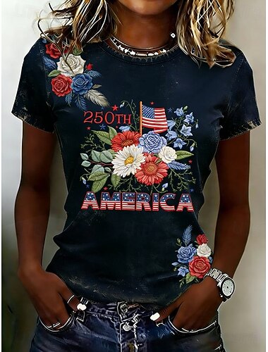  Amerikaanse onafhankelijkheidsdag Dames T-shirt Afdrukken Grafisch Brief Amerikaanse vlag Stijlvol Klassiek Casual Korte mouw Strakke ronde hals Normale tops Dagelijks Zwart Rood / blauw Zomer Lente