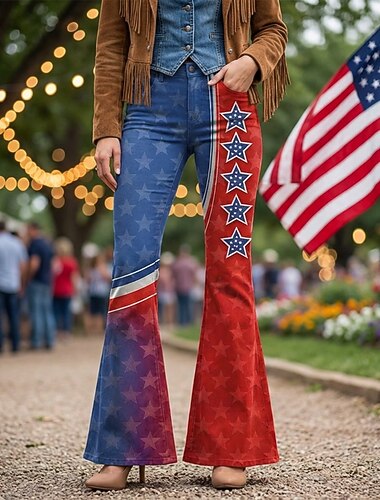  250-jähriges Jubiläum USA Retro Vintage 1970er Hose Schlaghosen Hippie Disco Hohe Taille Zickzack Kostüm Damen Maskerade 4. Juli Party Unabhängigkeitstag Erwachsene Hose