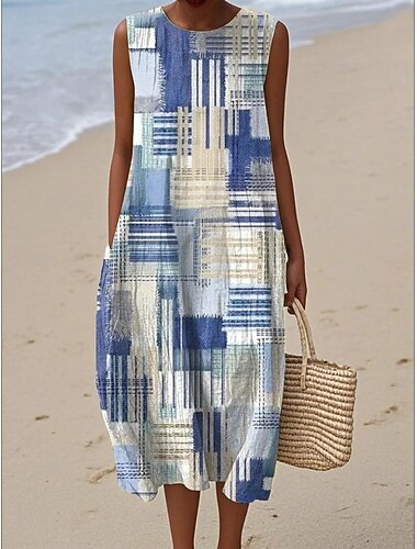  Dames Halflange jurk Hemdjurk Zonnejurk A lijn jurk Vakantie Casual Boho Strand Feest Uitgaan Ruim Passend Bloemig Grafisch Abstract Mouwloos Strakke ronde hals Koningsblauw Oranje Licht Luchtblauw