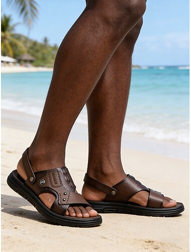  Brune sandaler i kunstskinn for menn – komfortable strandsko med åpen tå for reiser, turgåing og utendørsaktiviteter om sommeren