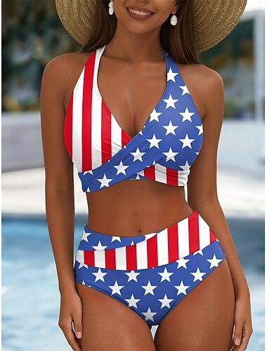  Dam Badkläder Bikini Kalsonger Baddräkt Semester Mode Grafisk Flagga V-hals Ärmlös Baddräkter