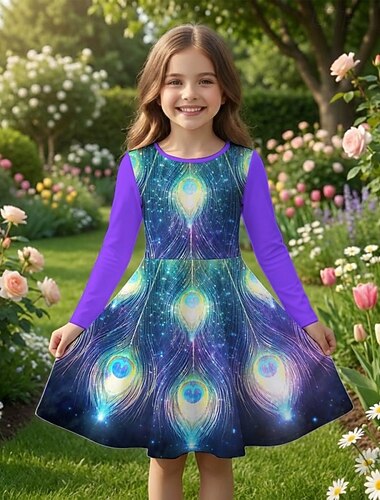  FILLE 3D Graphique Paon Robe manche longue Impression 3D Printemps Automne Quotidien Vacances Soirée Occasionnel Princesse Beau Enfants 4-12 ans Robe Décontractée Robe trapèze Mi-long Coupe régulière
