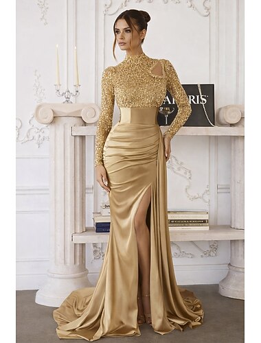  Havfrue Sweep Børste train Te-lengde Kveldskjoler Ballkjole med overskjørt Formell kjole Elegant Sidespalte Silkete Langermet Høyhalset Formell Sateng Paljetter med Perledetaljer Paljett