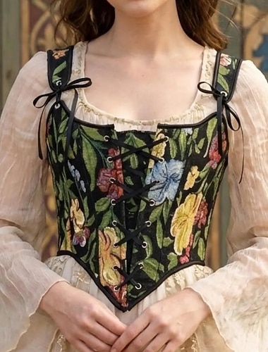  Médiéval Renaissance Cottagecore Corset Corsage Viking Paysan À lacets Imprimé Floral Déguisement Femmes Celtique Fantaisie Halloween Carnaval Performance LARP Foire de la Renaissance Adulte Corset