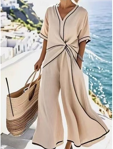  Damen Overall Aktiv Gestreift Kurzarm Weites Bein V Ausschnitt Tasche Täglich Urlaub Normale Passform Aprikose Sommer