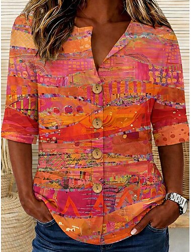  Dámské Košile Tunika Letní vrcholy Knoflíky Grafika Geometrický Abstraktní prázdniny Denní Dlouhý rukáv Do V Dlouhé topy Denní Dovolená Jdeme ven Oranžová Léto Jaro