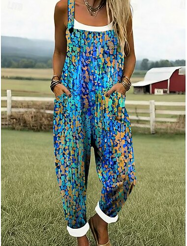  Damen Overall Aktiv Blumen Ärmellos Ärmellos Haremshose Quadrathals Tasche Druck Täglich Urlaub Lässiger Schnitt Blau Sommer
