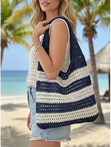  Geweven damestas met strepen, veelkleurig, groot opvouwbaar ontwerp, duurzaam gehaakt materiaal, perfect voor dagelijks gebruik en strandvakanties.