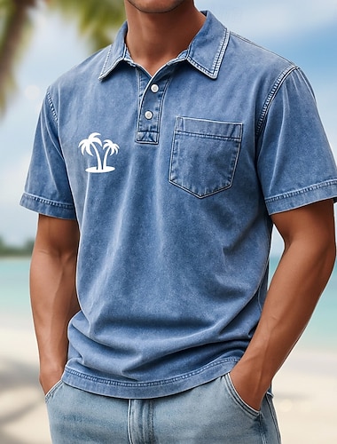  Herren Palme Acid-Wash-Shirt 100% Baumwolle Kurzarm Polo-Shirts Revers Hawaiianisch Lässig Athleisure Urlaubskleidung Tasche 3D-Druck Knöpfe Frühling & Sommer Blau Braun Grün