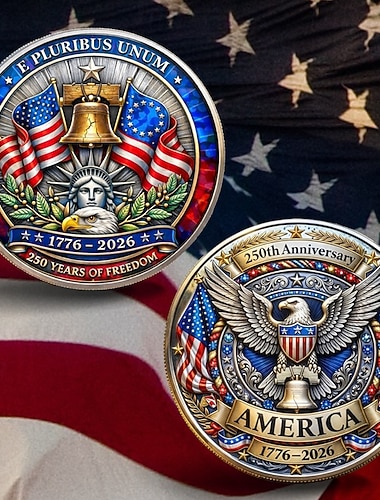  Amerikansk minnemynt for 250-årsjubileum, med fremvisning av Liberty Bell, design av Frihetsgudinnen og ørnen, patriotisk samlergave