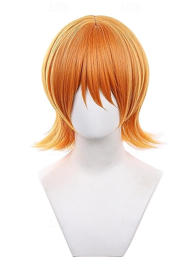  Peruca curta laranja com pontas viradas para fora, perfeita para cosplay de aventureiro(a) do oceano.