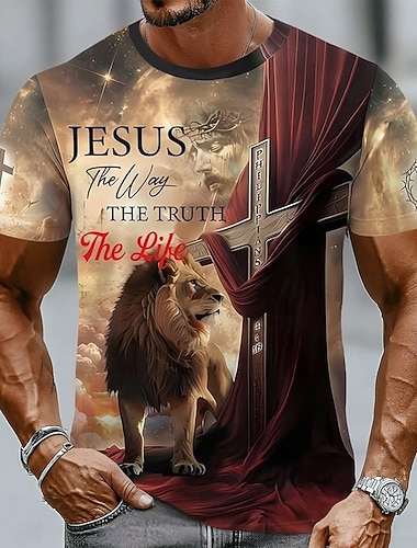  Pánská křížová biblická lví kříž křesťanské T tričko krátký rukáv T tričko 3D tisk crew neck tričko náboženské volnočasové denní párty hnědé letní jarní oblečení
