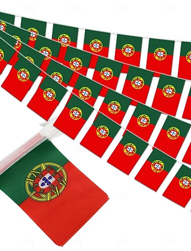  Wimpelkette mit portugiesischen Flaggen für Fußball-Weltmeisterschaftsspiele (50 Flaggen), 14 Meter lange Mini-Wimpelkette mit portugiesischen Flaggen für Dekorationen im Landesstil, Schulen, Partys und Sportveranstaltungen