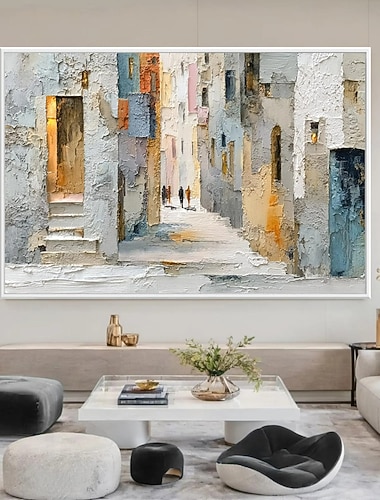  Strukturiertes Stadtbildgemälde, beigefarbene Spachteltechnik auf Leinwand, europäische Gassenkunst