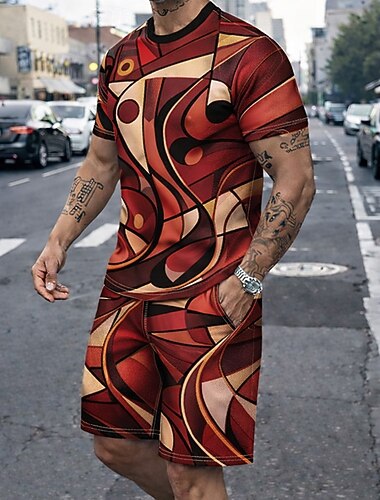  בגדי ריקוד גברים גאומטרי 2 יחידות ערכות טיז צמרות קיץ שרוולים קצרים מכנסיים קצרים צווארון עגול קצר ספורט יום יומי טרנדי בָּחוּץ חופשה ליציאה הדפסת תלת מימד קיץ פול אודם קשת