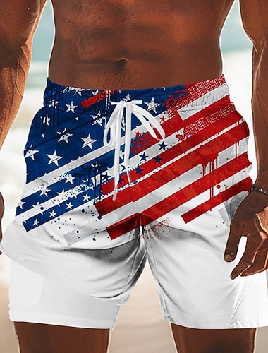  Homme 4 juillet, 250e anniversaire des États-Unis Drapeau américain Short doublé Short de bain 2 en 1 Shorts de bain Taille Moyenne Patriotique Fête Poches Latérales Avec doublure de compression