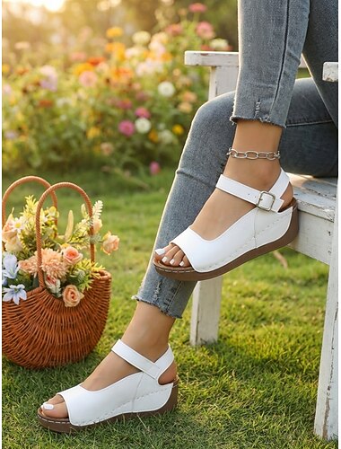  női fehér slingback szandál - kényelmes, nyitott orrú cipő állítható csattal hétköznapi kirándulásokhoz, szabadtéri rendezvényekhez és nyári vakációhoz