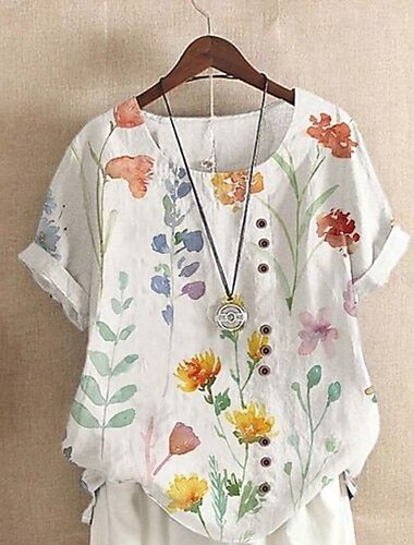  Dame Skjorte Bluse Imiteret bomuldslinned Trykt mønster Blomstret Afslappet Uden ærmer Kortærmet Rund hals Firkantet hals Scoop hals Almindelige toppe Daglig Hvid Beige Sommer Forår