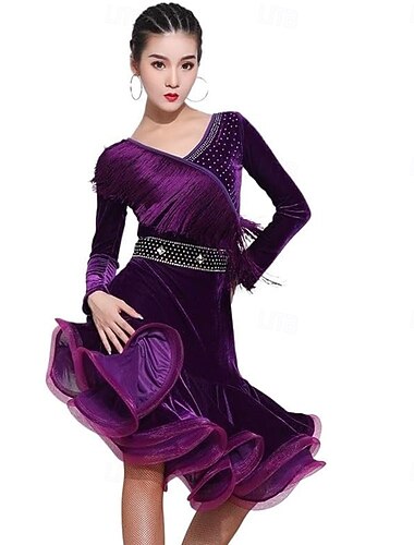  Danse Latine Robe Strass Unisexe Soirée Entraînement Performance manche longue Nylon Spandex
