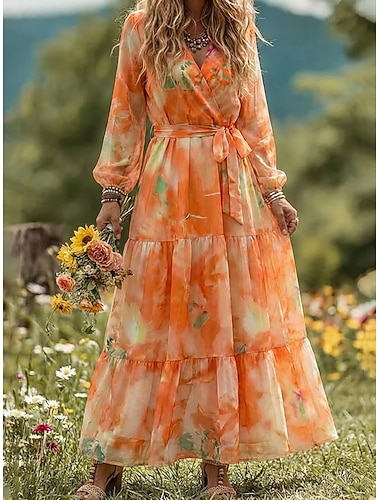  Per donna Abito Lungo Maxi Abito Vestito in Chiffon Abito Floreale Elegante Formale Quotidiano Feste Ospite di nozze Vestibilità regolare Floreale Manica Lunga Scollo a V Viola Fucsia Arancione Estate