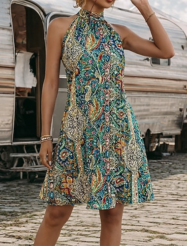  Set Bohème Rétro Vintage Boho Robe Sans manches Hippie Disco Paisley Bohème Déguisement Femmes Mascarade Festival de Musique Soirée à thème rétro Adulte Robe Été