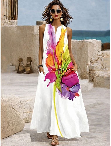  Damen Maxikleid Sommerkleid A Linie Kleid Urlaub Lässig Boho Täglich Ferien Normale Passform Blumen Grafik Ärmellos V Ausschnitt Neckholder Weiß Sommer Frühling