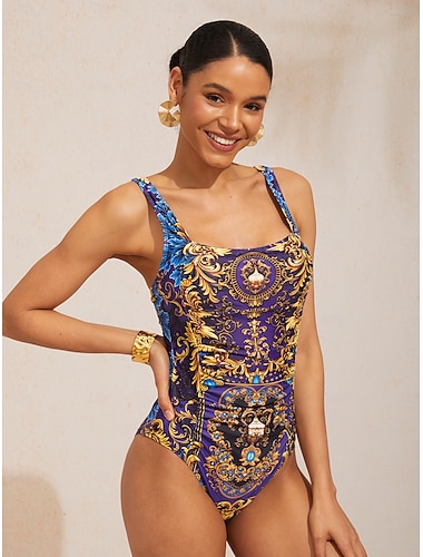  Mitternachtsblauer barocker Stretch-Einteiler-Badeanzug