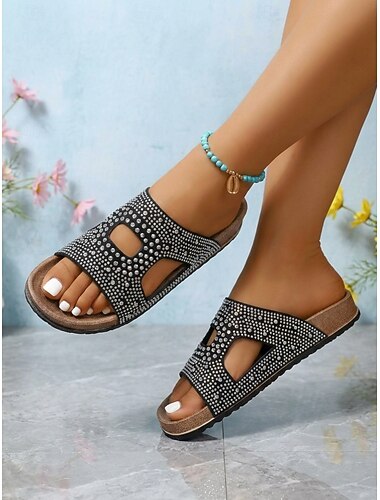  Comfortabele dames slippers met strasssteentjes, casual zwarte slippers voor een ontspannen look op het platteland. &ontspanning aan het strand
