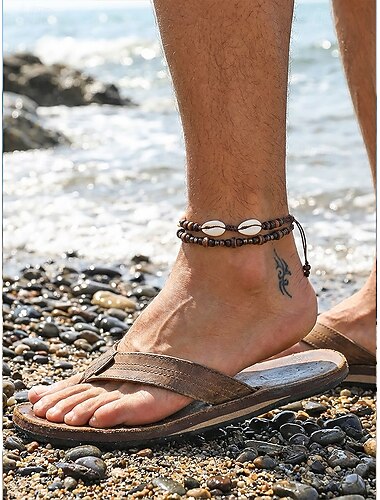  Herren-Fußkettchen-Set im Boho-Stil mit Kaurimuscheln und Holzperlen, 2-teilig, handgefertigter, verstellbarer Fußschmuck im Ethno-Stil für den Sommerurlaub am Strand und den Alltag.