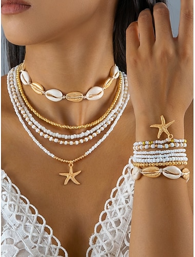  Damesketting en armbandenset met meerdere lagen kralen en een hanger in de vorm van een zeester – gemaakt van legering, in bohemian stijl, kleurrijk, perfect voor vakantie, strand en dagelijks gebruik.
