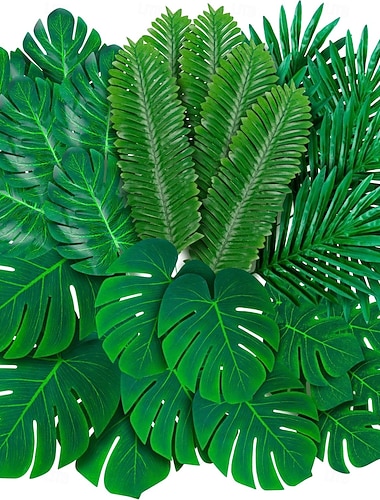  Pacote com 108 folhas artificiais de palmeira tropical monstera - 6 tipos de folhas de palmeira verdes, grandes e pequenas, com caules, para decoração de mesas de festas temáticas de safári, selva,