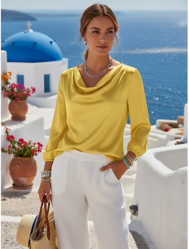  Damen Hemd Bluse Langes Baumwolltop Einfach Stilvoll Klassisch Modern Langarm Wasserfallausschnitt Normale Oberteile Täglich Ferien Ausgehen Blau Gelb Rote Violett Sommer Frühling