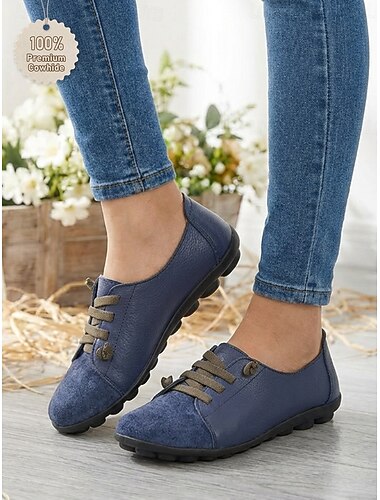  Donkerblauwe damesloafers van echt leer met elastische band – zachte rubberen zool, casual instapschoenen voor dagelijks gebruik en reizen.