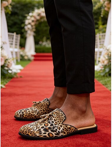  Muiltjes met luipaardprint voor heren, instappers, modieuze platte schoenen zonder achterkant, perfect voor bruiloften, theatervoorstellingen, gala's, banketten en trendy avondkleding.