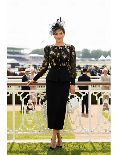  Deux Pièces Ensembles de Robes Longueur thé Robe d'invité de mariage Robe de Mère de Mariée  manche longue Col ras du cou Élégant ancien Cocktail Formel Chiffon avec Imprimé