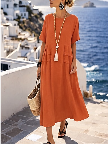  Damen Midikleid A Linie Kleid Sommerkleid Lässig Täglich Lässiger Schnitt Einfach Kurzarm Rundhalsausschnitt Blau Gelb Rosa Orange Sommer