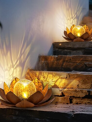  Lámpara de loto con energía solar y acabado metálico: luz LED impermeable para jardín al aire libre, diseño de vidrio esférico para patio, césped, pasarela, decoración de mesas, regalo ideal para